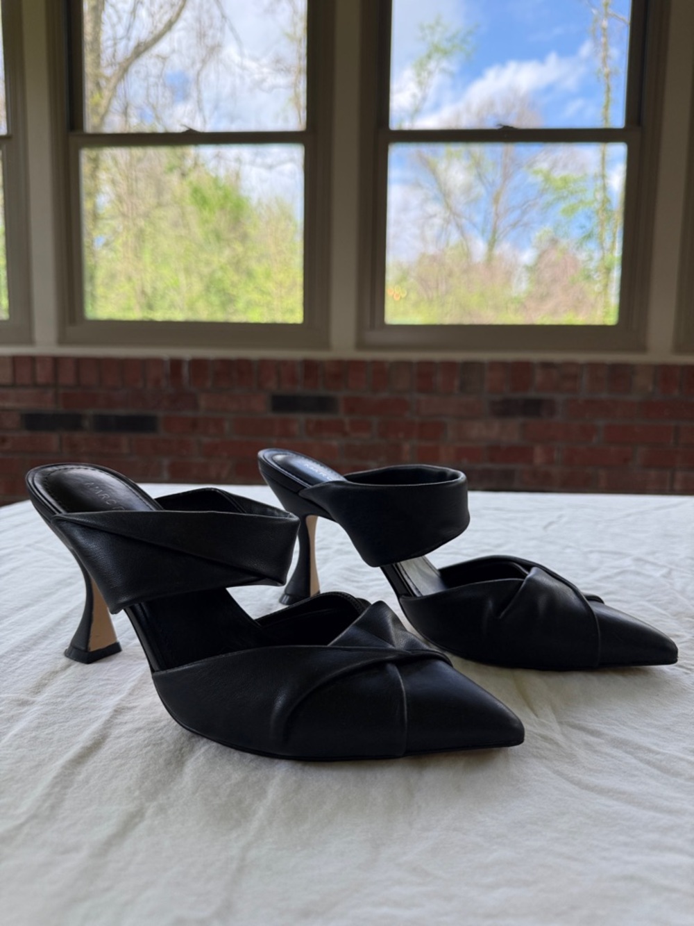 Marc Fisher Black Pointed-Toe Slide Heels with Cross Strap